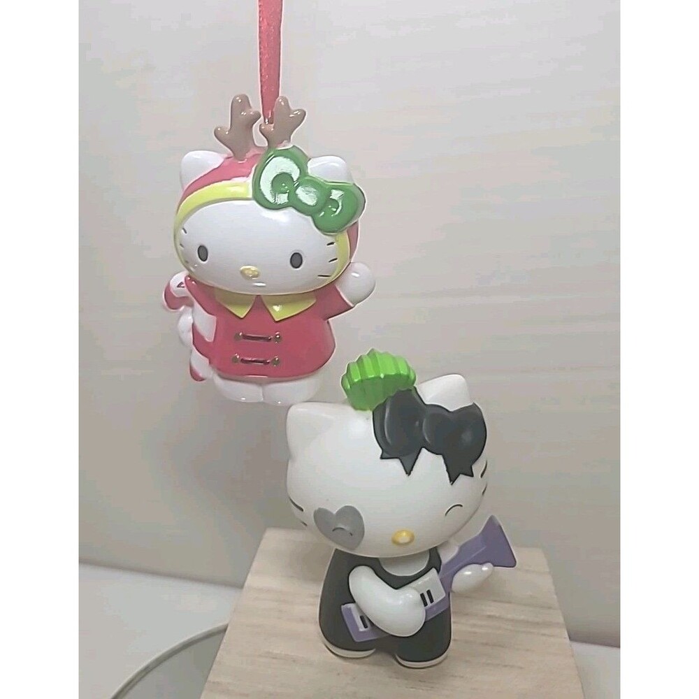 Vtg 2 Pc Sanrio Hello Kitty Reindeer Christmas Ornament & Rockin Hello Kitty